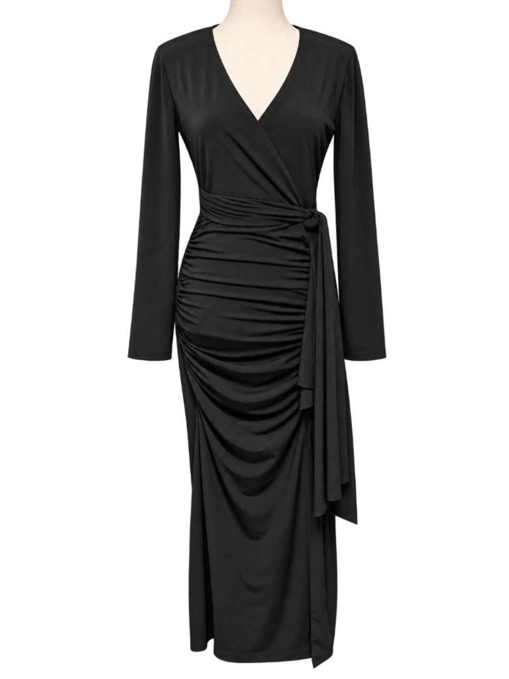 White House Black Market Black Wrap Midi Dress Ruched Side Tie Long Sleeve